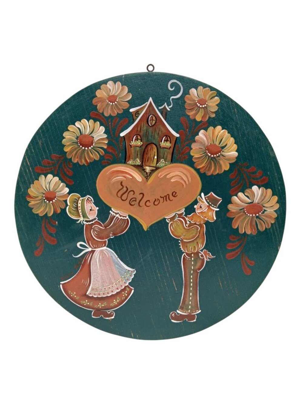 Hand Painted Welcome Sign, Vintage Folk Art Wood Wall Plaque, Couple Heart Motif